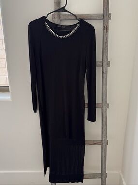 Zara Black Long Sleeve Knit Dress with Embellished Neckline